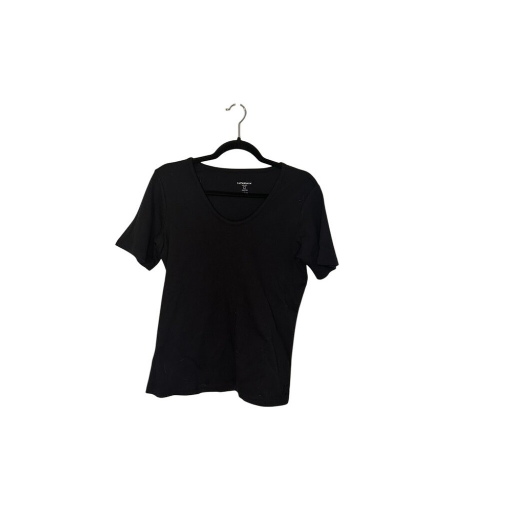 Liz‎ Claiborne Essentials Black Cotton T Shirt Womens Top Short Sleeve